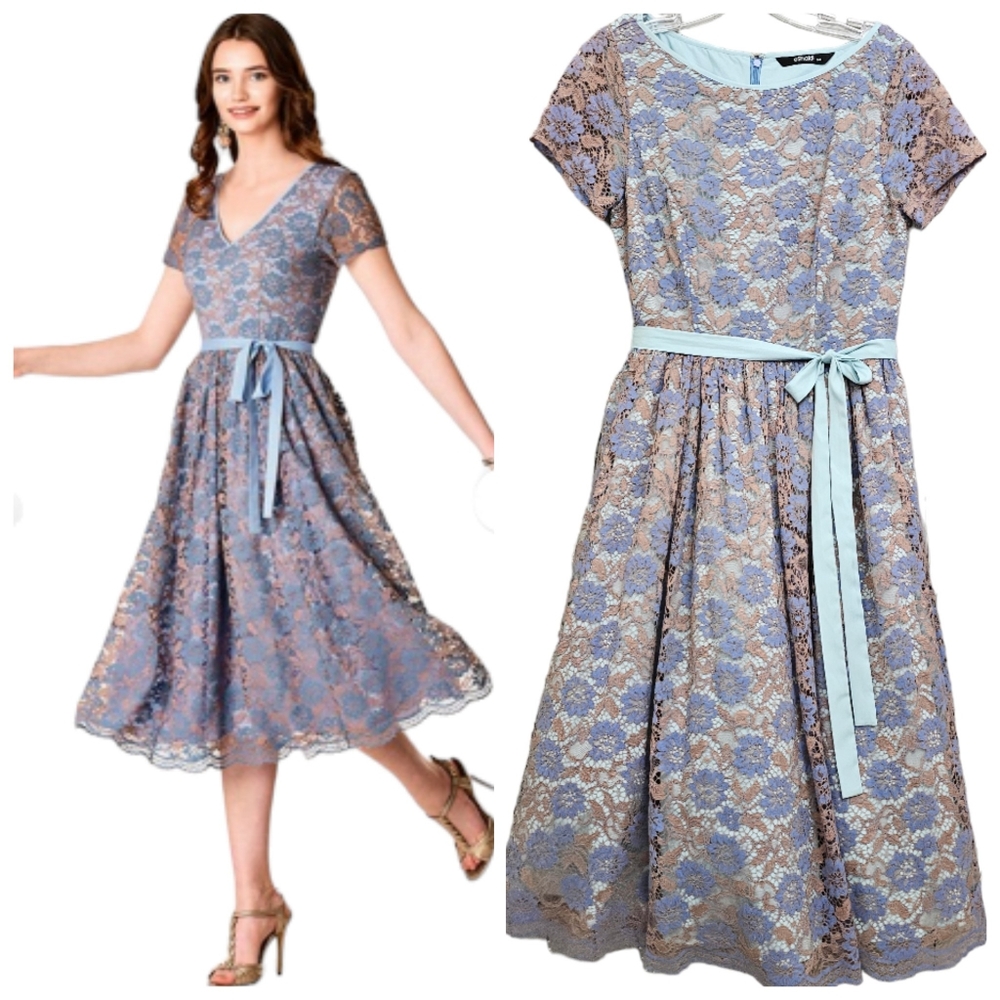 eShakti Blue/Tan/Aqua Lace Shortsleeve Midi Dress